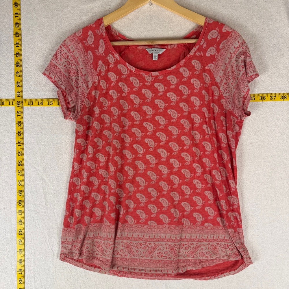 Lucky Brand Paisley Top Women Small Coral Boho Raglan Short Sleeve Indie Relaxed